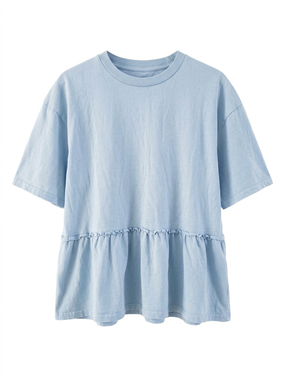 Light Blue Short Sleeve Peplum Top with Ruffle Detail